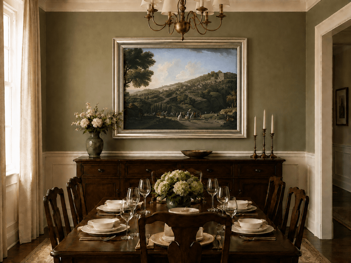 Italian villa and hillside village oil landscape artwork shown in a styled home interior.