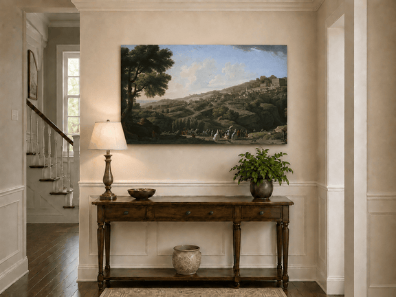 Italian hillside village landscape painting shown as decorative oil wall art.