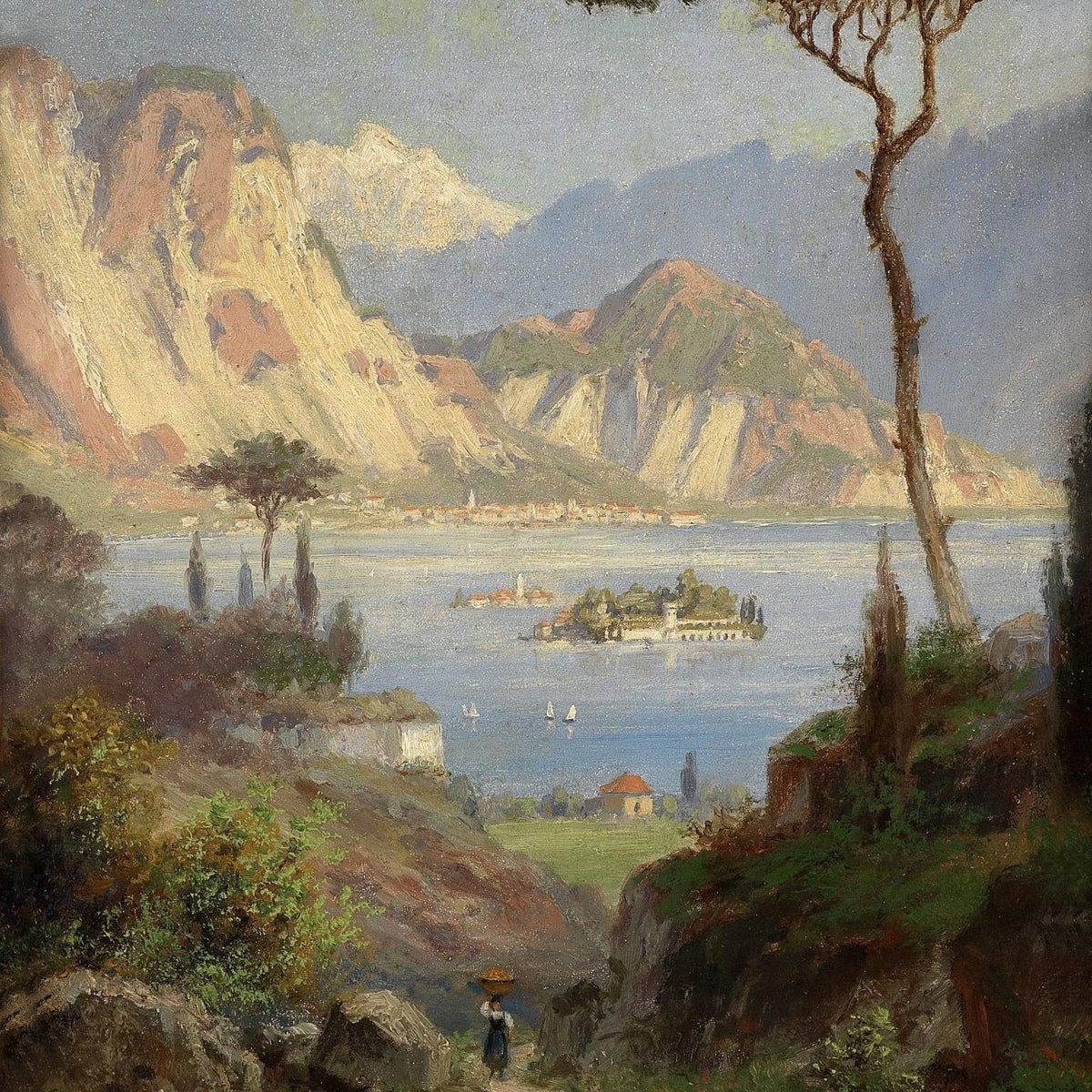 Landscape Oil Painting - Italian Lake, Mountain Peaks & Path Figure - Oil Painting Haven