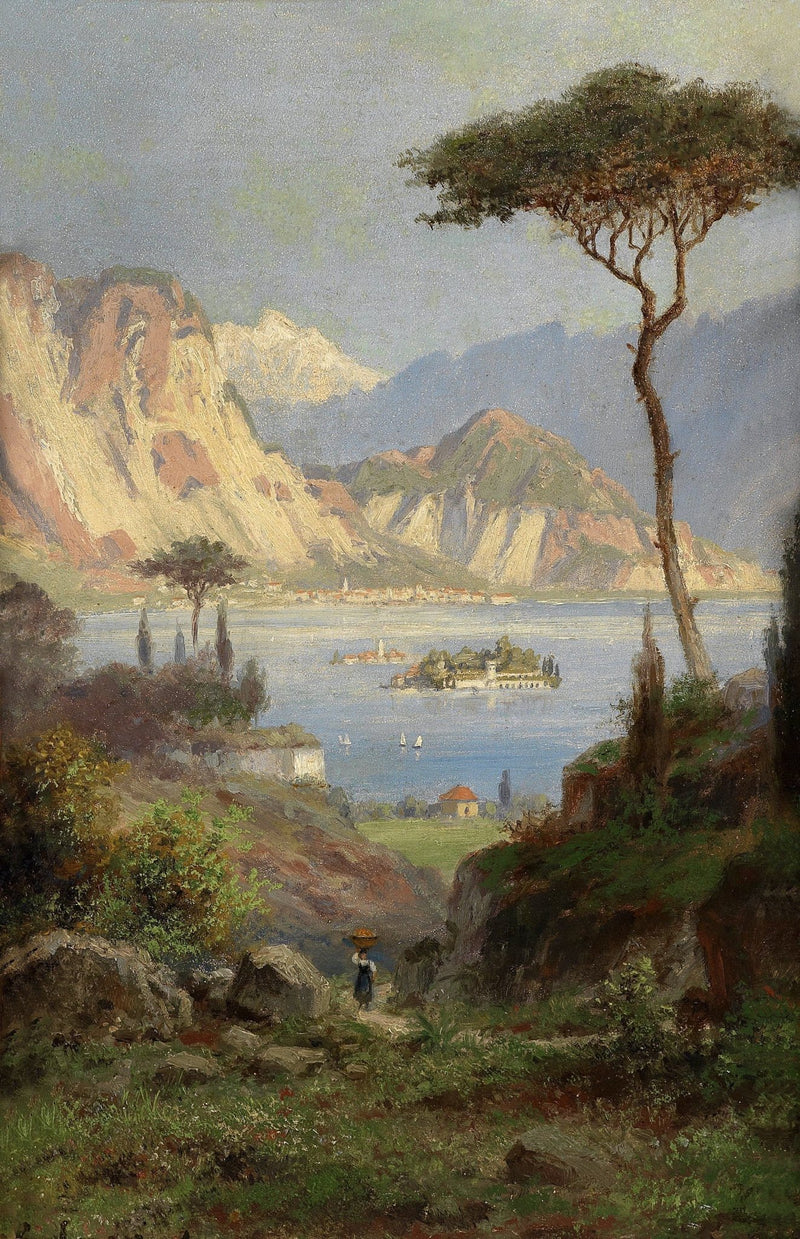 Landscape Oil Painting - Italian Lake, Mountain Peaks & Path Figure - Oil Painting Haven