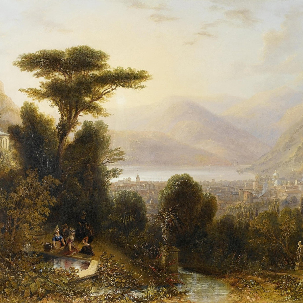 Hand-painted italian lake town and garden view landscape oil painting on canvas