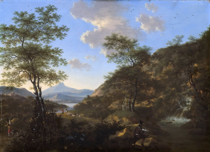 Hand-painted italian landscape with waterfall oil painting on canvas