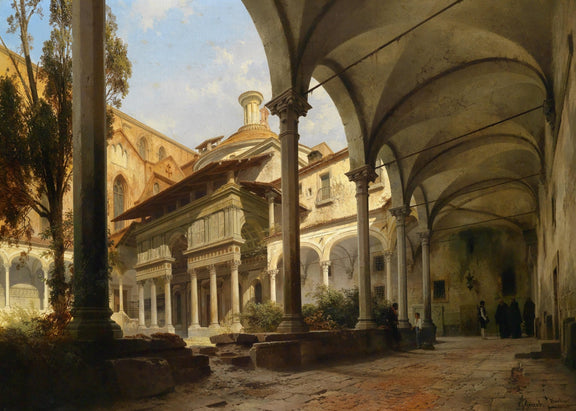 Landscape Oil Painting - Italian Monastery Cloister: Arched Colonnades - Oil Painting Haven
