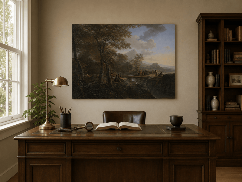 Interior wall art view featuring an Italian mountain landscape with travelers oil painting.