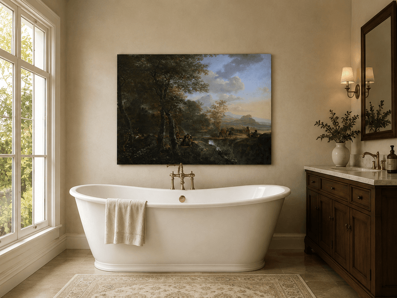 Italian mountain landscape with travelers oil painting presented as styled home decor.
