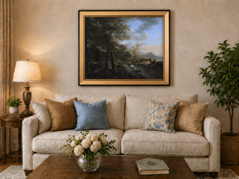 Italian mountain landscape with travelers oil painting displayed in a styled home interior.