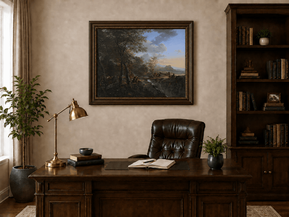 Italian mountain scene with travelers landscape oil painting presented in an interior wall art mockup.