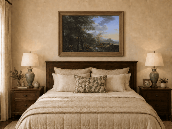 Hand-painted Italian mountain landscape with travelers displayed as decorative wall art.