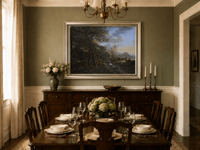 Italian mountains and travelers oil landscape artwork shown in a styled home interior.