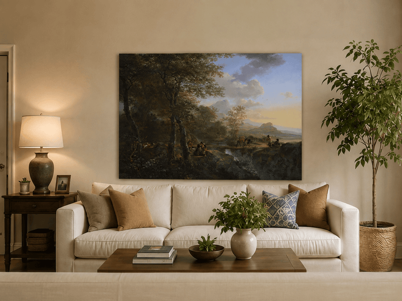 Italian mountain travelers hand-painted oil artwork displayed in a second interior view.