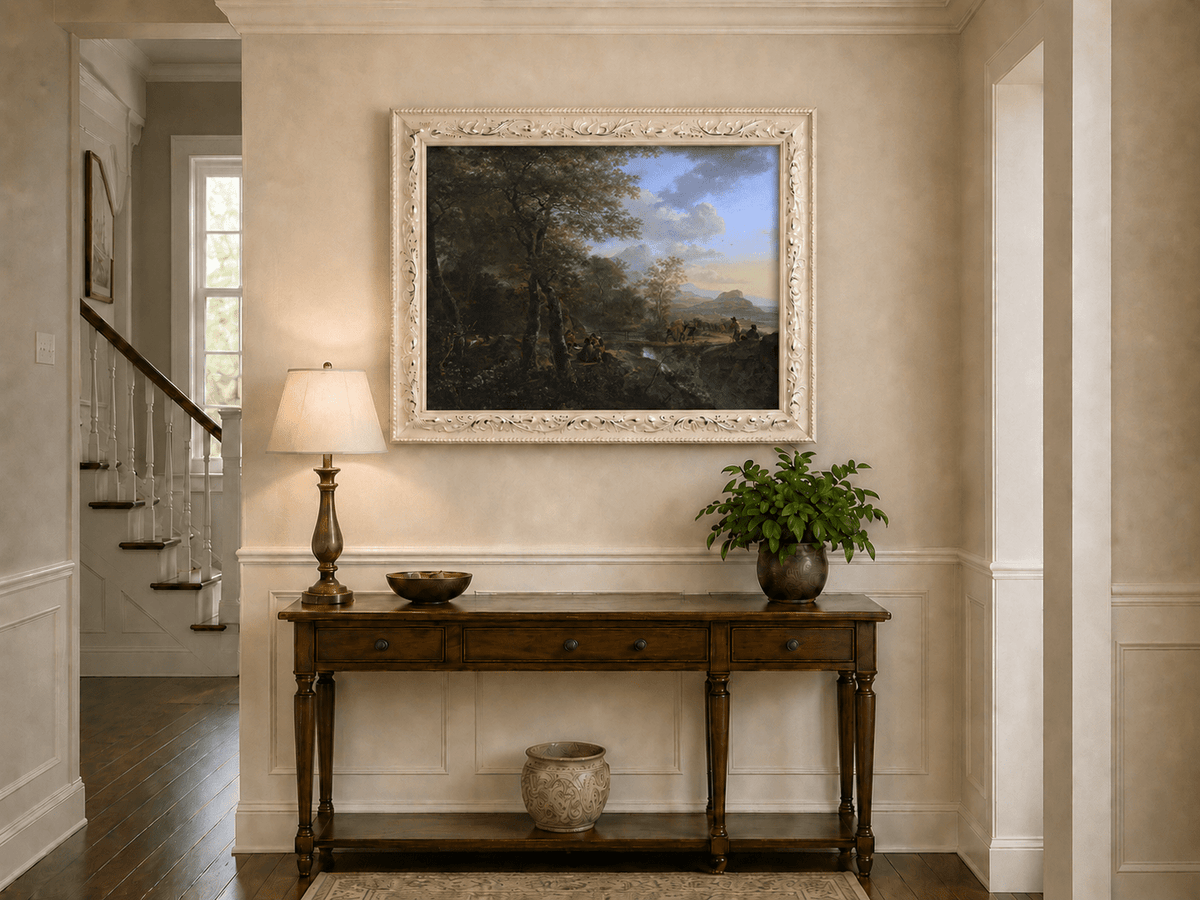Italian mountain landscape with travelers hand-painted oil artwork shown as home wall decor.