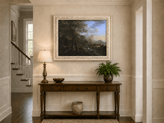 Italian mountain landscape with travelers hand-painted oil artwork shown as home wall decor.