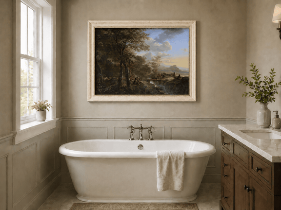 Italian mountain landscape with travelers oil painting presented as interior home decor.