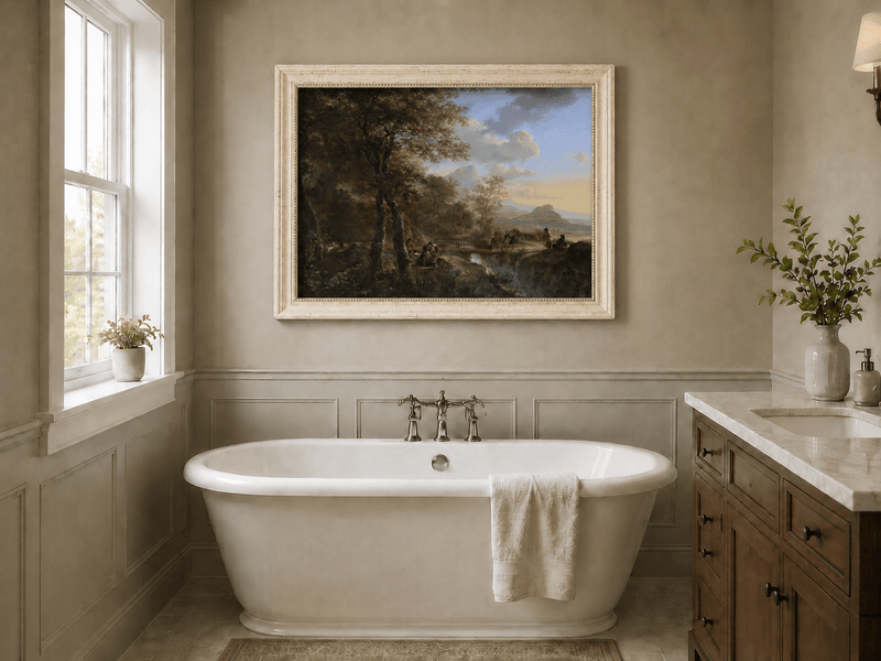 Italian mountain landscape with travelers oil painting presented as interior home decor.