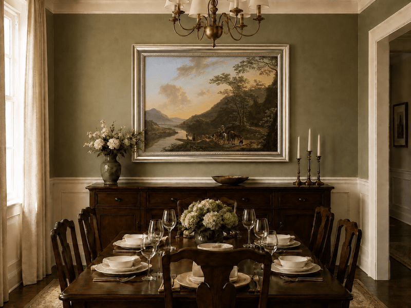 Italian river crossing and travelers oil landscape artwork shown in a styled home interior.
