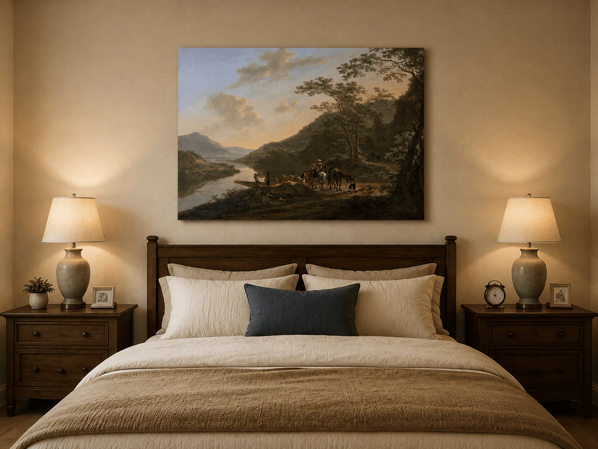 Italian river crossing oil painting displayed as landscape wall decor.