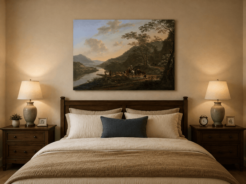 Italian river crossing oil painting displayed as landscape wall decor.