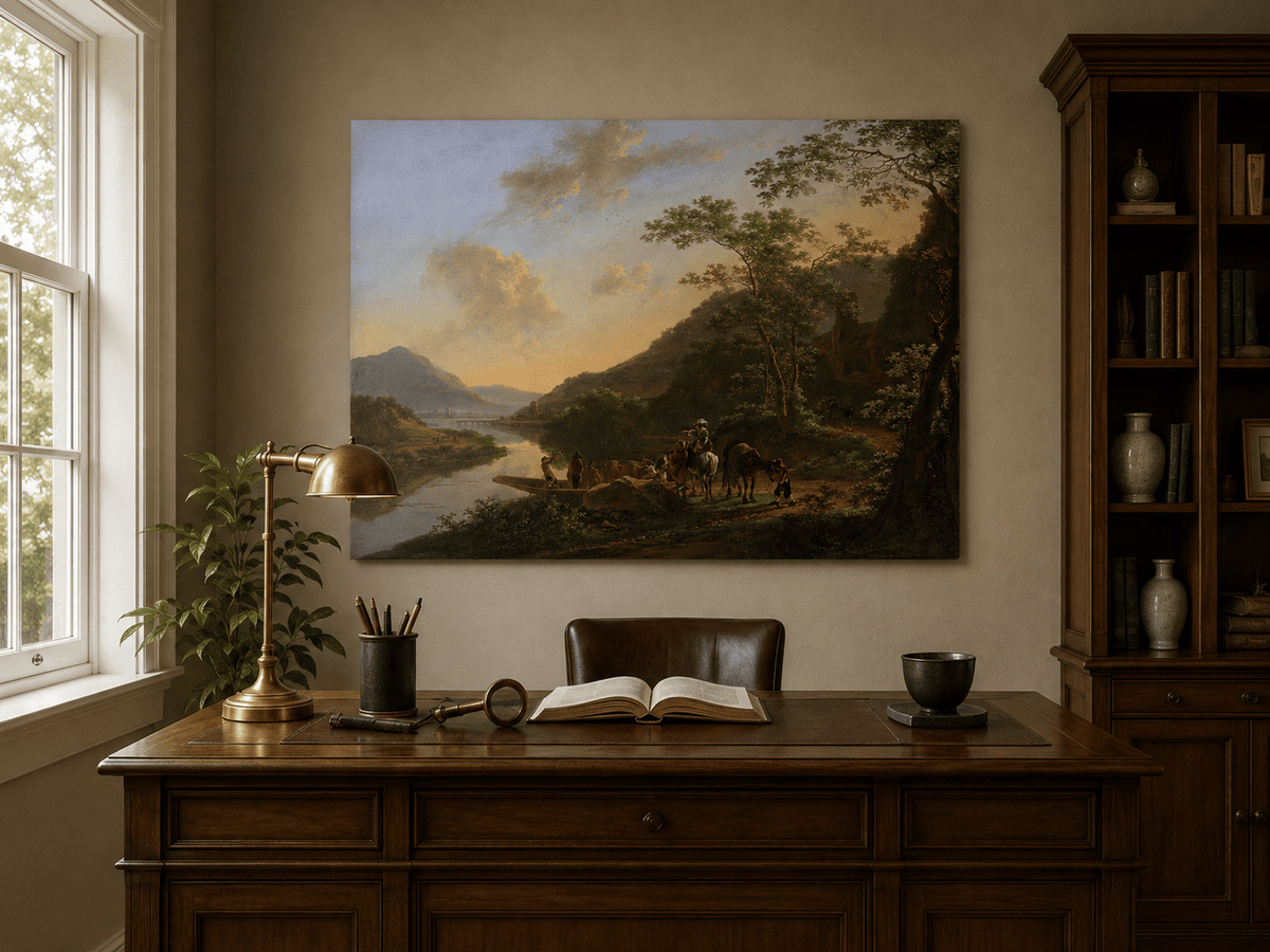 Interior wall art view featuring an Italian river crossing with travelers oil painting.