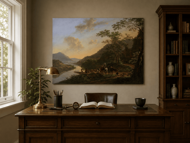 Interior wall art view featuring an Italian river crossing with travelers oil painting.