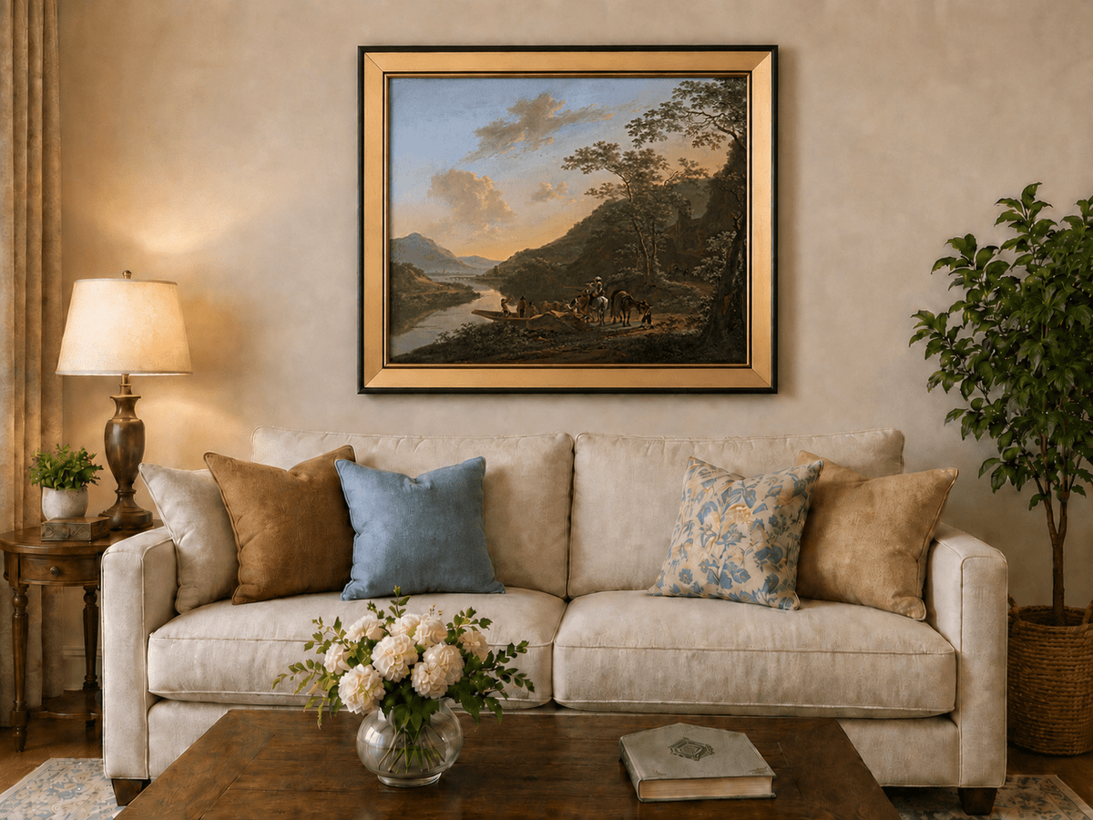 Italian river crossing with travelers landscape oil painting displayed in a styled home interior.