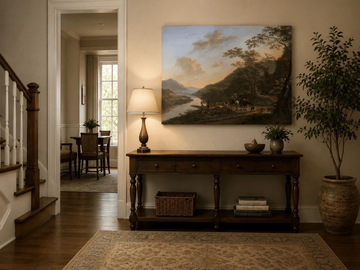 Italian river landscape painting shown as decorative oil wall art.