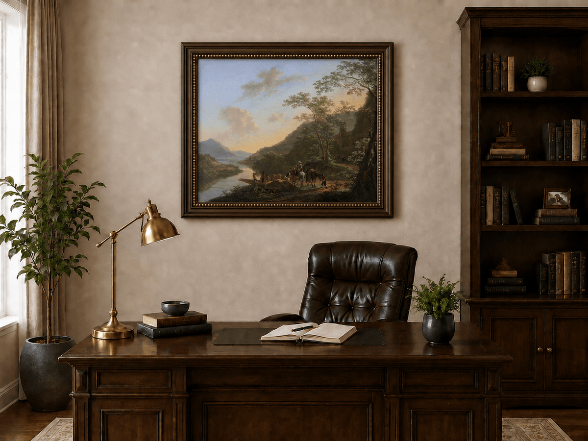 Italian river crossing landscape oil painting with travelers presented in an interior wall art mockup.
