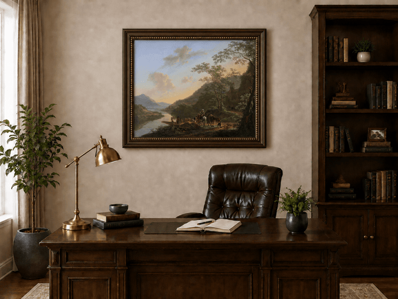 Italian river crossing landscape oil painting with travelers presented in an interior wall art mockup.