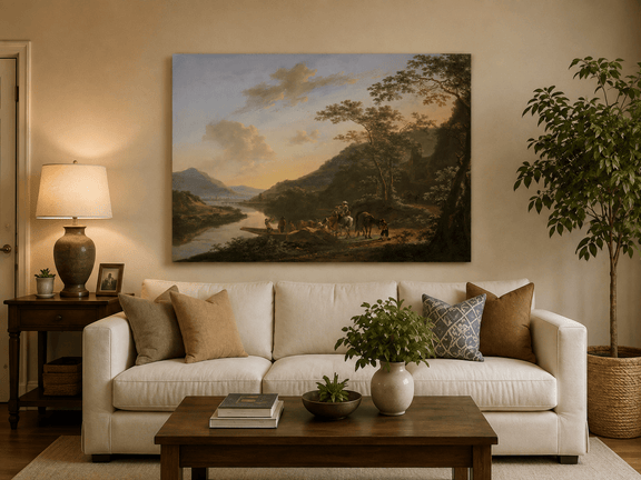 Italian river crossing with travelers hand-painted oil artwork displayed in a second interior view.
