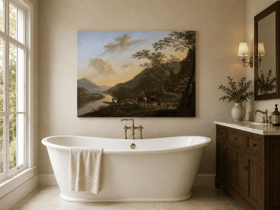 Italian river crossing with travelers landscape oil painting presented as styled home decor.