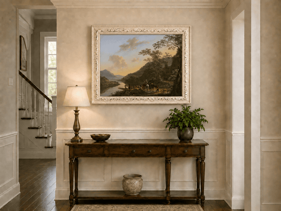 Italian river crossing with travelers hand-painted oil artwork shown as home wall decor.