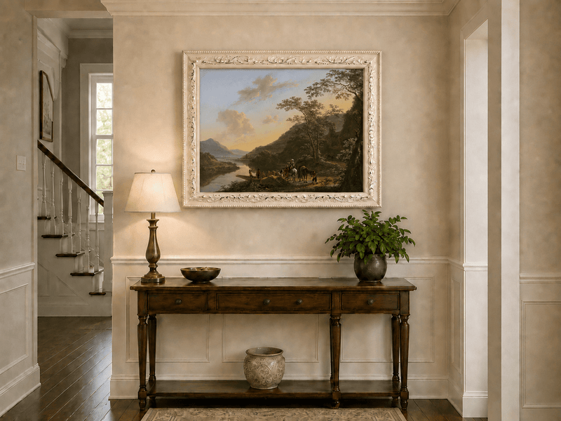 Italian river crossing with travelers hand-painted oil artwork shown as home wall decor.