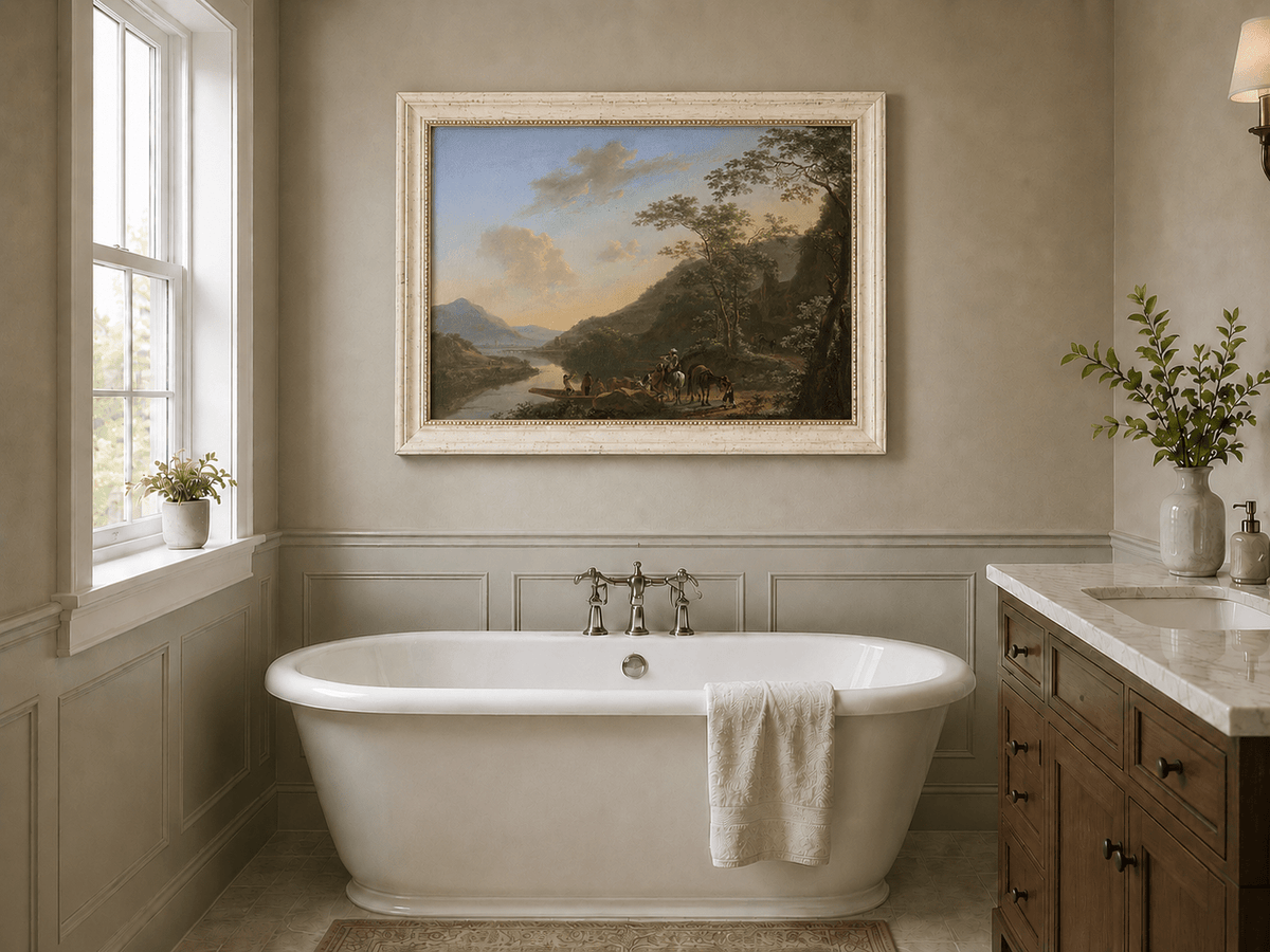 Italian river crossing landscape oil painting presented as interior home decor.