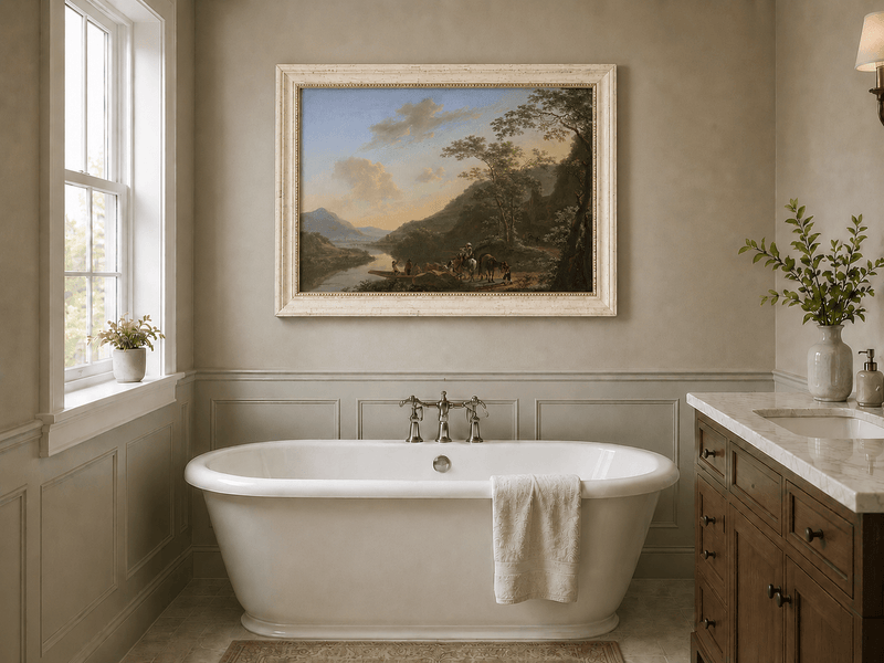 Italian river crossing landscape oil painting presented as interior home decor.