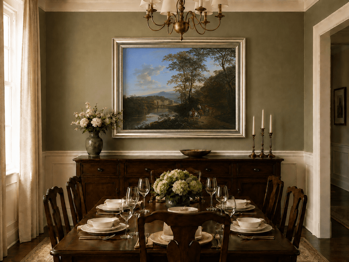 Italian river and travelers oil landscape artwork shown in a styled home interior.