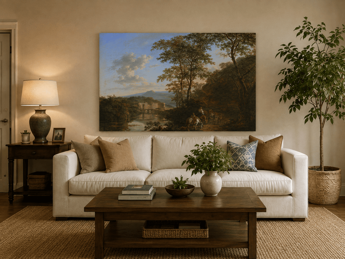 Italian river with travelers hand-painted oil artwork displayed in a second interior view.