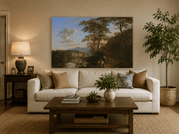 Italian river with travelers hand-painted oil artwork displayed in a second interior view.
