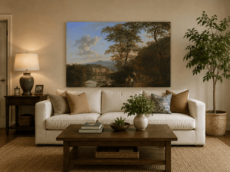 Italian river with travelers hand-painted oil artwork displayed in a second interior view.