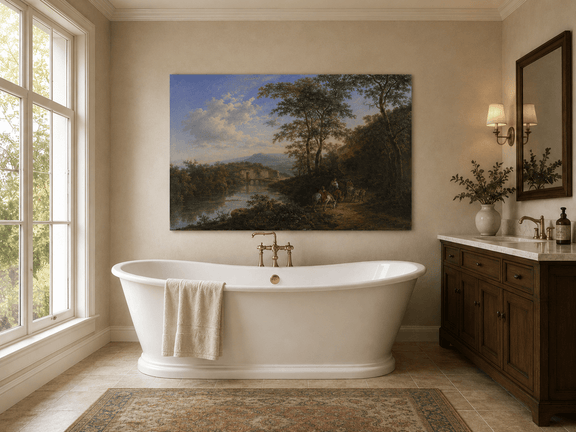 Italian river landscape with travelers oil painting presented as styled home decor.