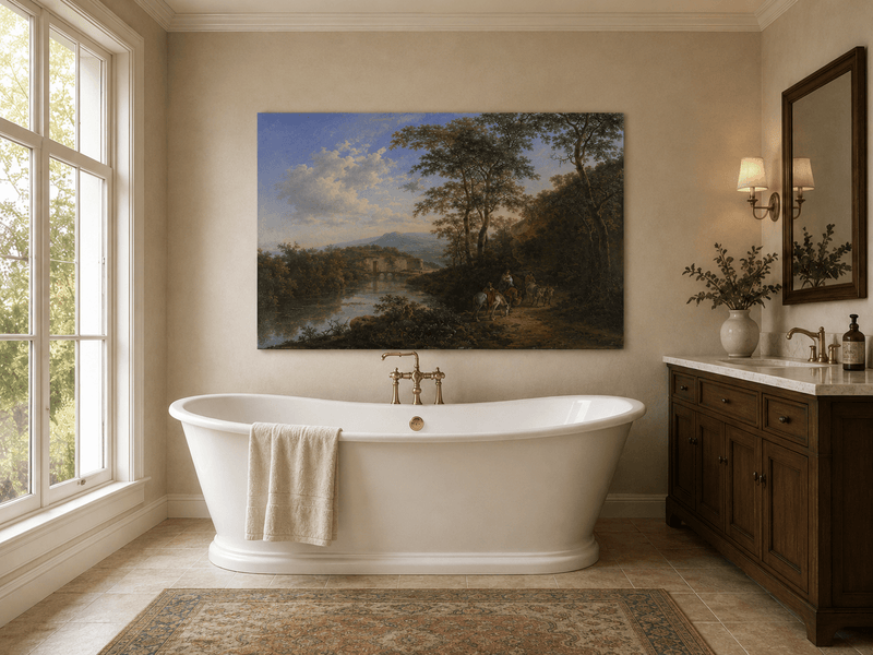 Italian river landscape with travelers oil painting presented as styled home decor.
