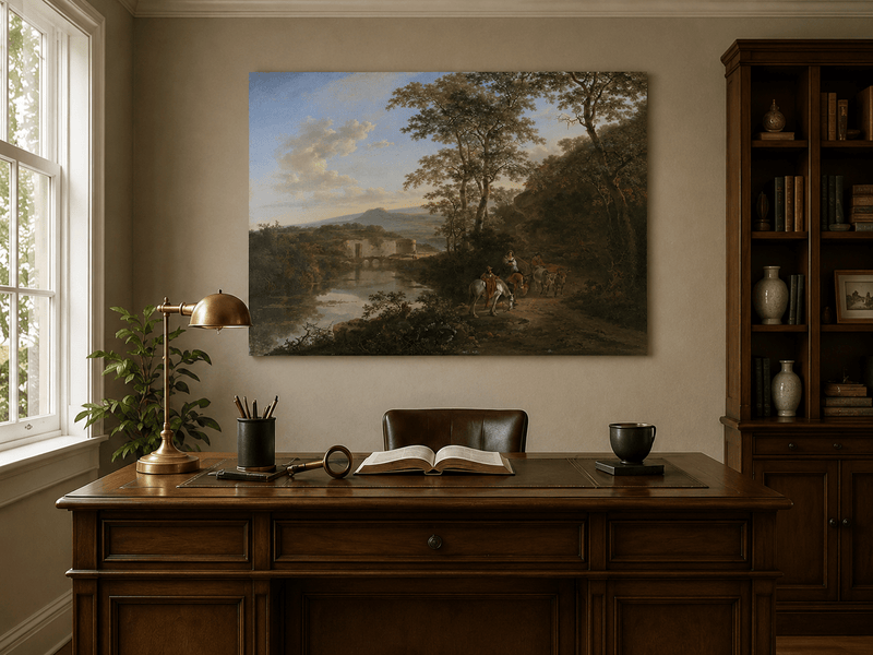 Interior wall art view featuring an Italian river landscape with travelers oil painting.