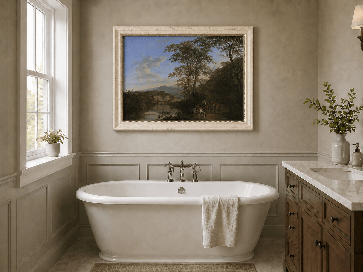 Italian river landscape with travelers oil painting presented as interior home decor.