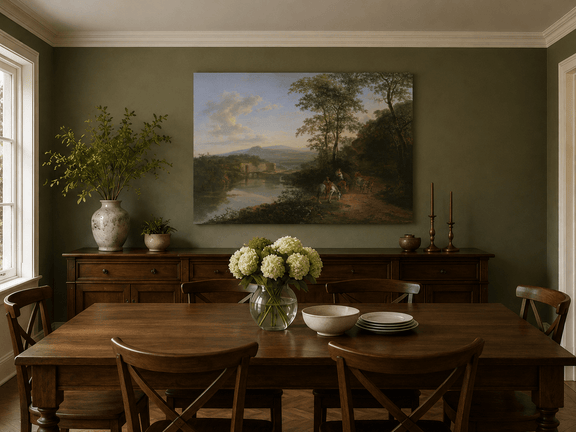 Hand-painted Italian river and travelers landscape artwork in an interior display.