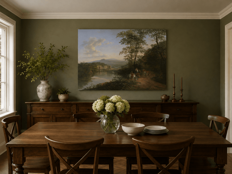 Hand-painted Italian river and travelers landscape artwork in an interior display.