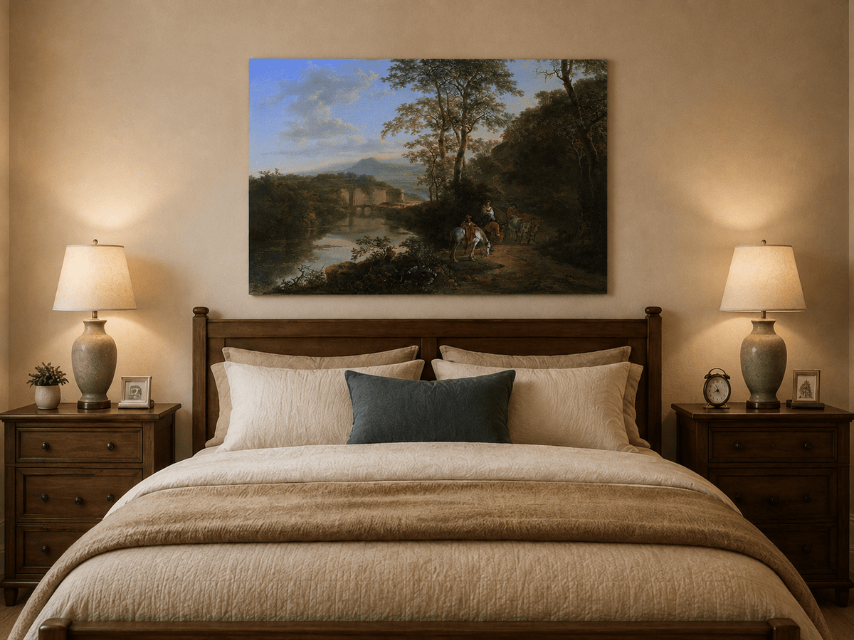 Italian river landscape oil painting displayed as wall decor.