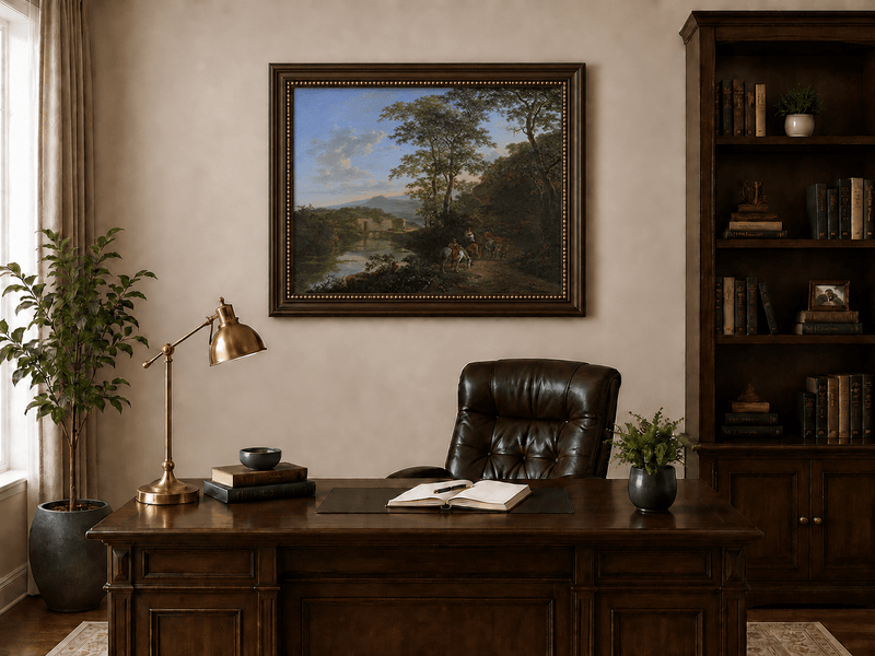 Italian river landscape with travelers oil painting presented in an interior wall art mockup.
