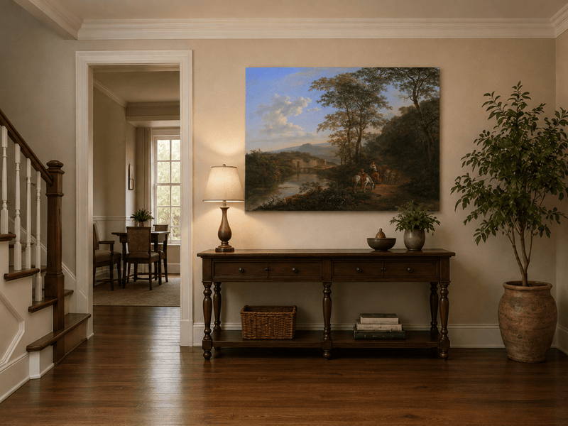 Italian riverside landscape painting shown as decorative oil wall art.