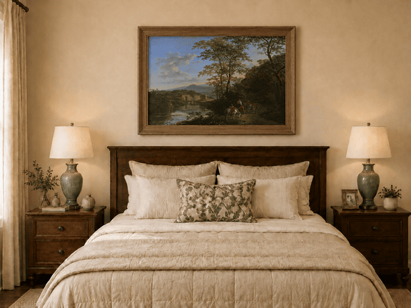 Hand-painted Italian river landscape with travelers displayed as decorative wall art.