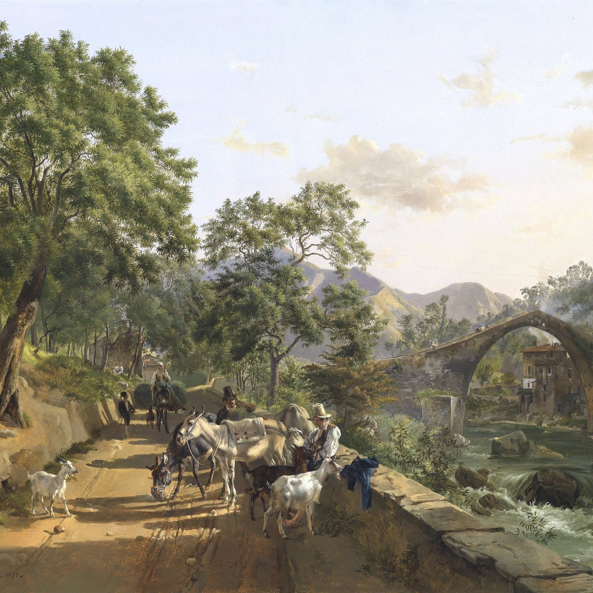 Hand painted landscape oil painting on canvas depicting Italian rural scene with stone bridge, donkeys on dirt path,. - Architecture, Canvas, Country, Figure, Forest, Hand Painted, Landscape, Made To Order, Mountain, Oil Painting, River, Village