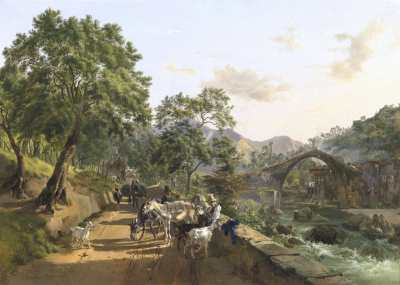 Hand painted landscape oil painting on canvas depicting Italian rural scene with stone bridge, donkeys on dirt path,. - Architecture, Canvas, Country, Figure, Forest, Hand Painted, Landscape, Made To Order, Mountain, Oil Painting, River, Village