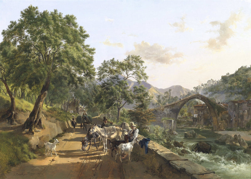 Hand painted landscape oil painting on canvas depicting Italian rural scene with stone bridge, donkeys on dirt path,. - Architecture, Canvas, Country, Figure, Forest, Hand Painted, Landscape, Made To Order, Mountain, Oil Painting, River, Village